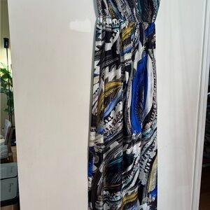 Warehouse Blue and Yellow Sleeveless Halter Sundress Maxi